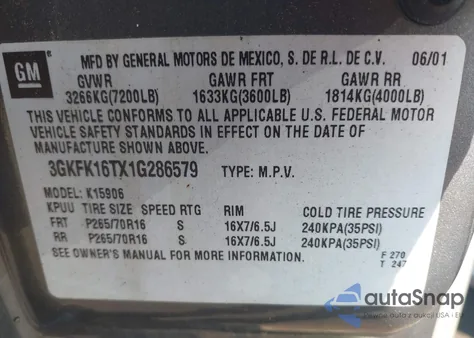 2001 GMC Yukon Xl 1500 Slt из США, поврежденный, VIN 3GKFK16TX1G286579